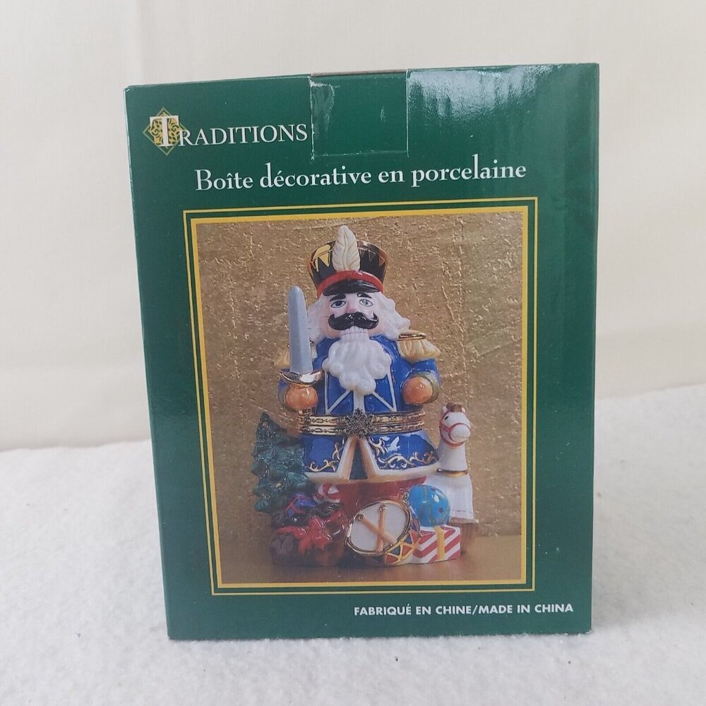 Traditions Porcelain Nutcracker Decorative Keepsake Trinket Box Gold Trim hinged